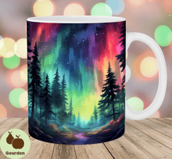 colorful northern lights mug wrap, 11oz  15oz mug template, mug sublimation design, forest mug wrap template, instant di