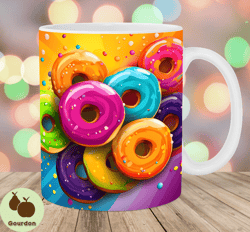 colorful rainbow donuts mug wrap, 11oz and 15oz mug template, mug sublimation design, mug wrap template, instant digital