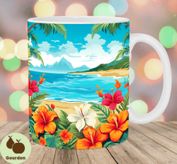 colorful tropical flowers beach mug wrap, 11oz  15oz mug template, mug sublimation design, mug wrap template, instant di