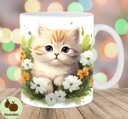 flower kitten mug wrap, 11oz  15oz mug template, mug sublimation design, mug wrap template, instant digital download png