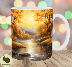 glitter autumn landscape mug wrap, 11oz and 15oz mug template, mug sublimation design, river mug wrap template, instant