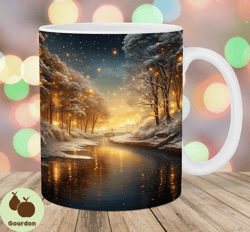 glitter winter landscape mug wrap, 11oz and 15oz mug template, mug sublimation design, river mug wrap template, instant