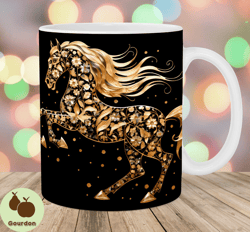 gold horse mug wrap, 11oz  15oz mug template, mug sublimation design, flowers mug wrap template, instant digital downloa