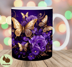 gold purple butterflies mug wrap, 11oz  15oz mug template, mug sublimation design, flower mug wrap template, instant dig