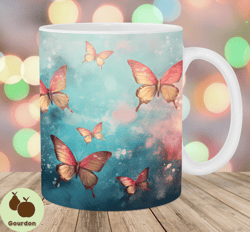 green pink butterflies mug wrap, 11oz and 15oz mug template, mug sublimation design, mug wrap template, instant digital