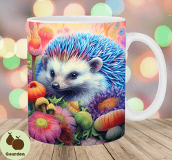 hedgehog mug wrap, 11oz and 15oz mug template, mug sublimation design, colorful flowers mug wrap template, instant digit