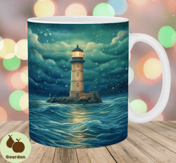 lighthouse night landscape mug wrap, 11oz  15oz mug template, mug sublimation design, mug wrap template, instant digital