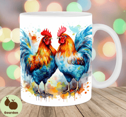 watercolor colorful roosters mug wrap, 11oz  15oz mug template, mug sublimation design, mug wrap template, instant digit