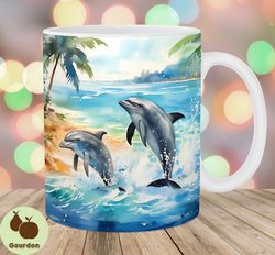 watercolor dolphins mug wrap, 11oz  15oz mug template, mug sublimation design, ocean mug wrap template, instant digital