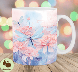 watercolor dragonflies mug wrap, 11oz  15oz mug template, mug sublimation design, flower mug wrap template, instant digi