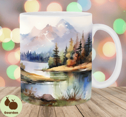 watercolor river landscape mug wrap, 11oz  15oz mug template, mug sublimation design, mug wrap template, instant digital