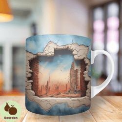 3d hole in wall cityscape mug wrap, 11oz and 15oz mug template, mug sublimation design, mug wrap template, instant digit