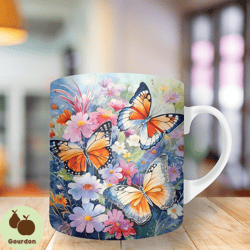 colorful butterflies flowers mug wrap png, 11oz and 15oz mug template, mug sublimation design, mug wrap template, instan