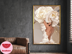white flower woman, white rose woman, flower canvas print, floral canvas decor, fashion poster, wall art design, framed