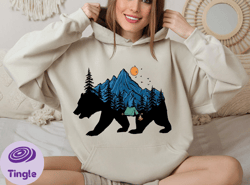 bear mountain sunset hoodie, wanderlust sweatshirt, mountain bear sweater, nature lover gift, forest crewneck hoodie, na