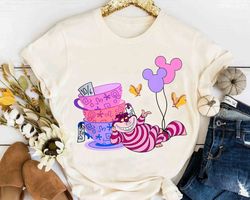 disney alice in wonderland cheshire cat mickey ears balloon tea cup shirt, magic kingdom u