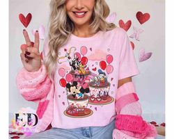 mickey and friends group balloon tea cup pink valentine retro t-shirt, disney couple love