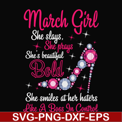 march girl she slays, she prays she's beautiful bold she smiles at her haters like a boss in control svg, birthday svg,