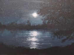the painting with acrylic paints "moon in the river" is small in size