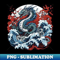 dragon against the backdrop of a setting sun bathed in ocean waves - elegant sublimation png download