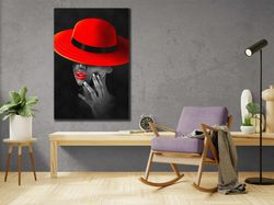 woman with red hat print wall art, abstract woman portrait canvas painting, sexy woman wall decor, canvas ready to hang,