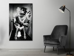 girl on toilet drinking and smoking canvas, bathroom wall decor, fashion woman poster, girl drinking alcohol in toilet p