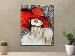 girl with red hat print art, sensual woman poster, feminine canvas painting, woman portrait wall art, modern home wall d