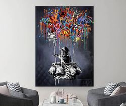 Banksy Balloon and Child Canvas, Flying Balloon Painting, Boy Flying with Balloon, Kids Room Art, Banksy Boy Flying with