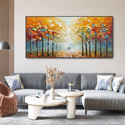 original autumn yellow leaves art landscape painting, couple colourful woods abstract texture oil painting, bohemian art