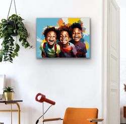black boy joy art  canvas wall art for kids playroom  art decor featuring three boys laughing in amazement