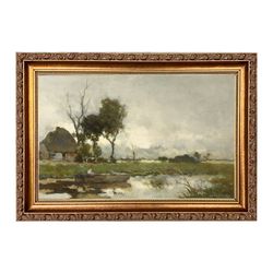 dutch landscape with cottage framed oil painting print on canvas in thin gold wood frame