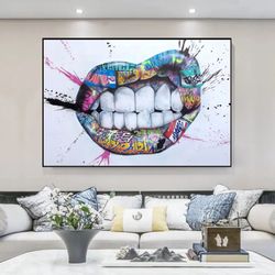 pop art canvas mouth lip - graffiti painting, pop culture painting - pop art canvas - pop art decoration - lips pop art,