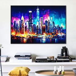 beautiful city night landscape oil painting on canvas, large wall art, abstract original cityscape art custom painting m