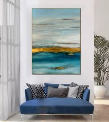 64x48 original ocean acrylic painting blue and gold leaf wall art seascape artwork decor for office light breeze
