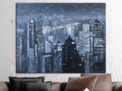 315x47 blue abstraction, large city abstract painting art, cityscape painting large canvas art, original city abstract p