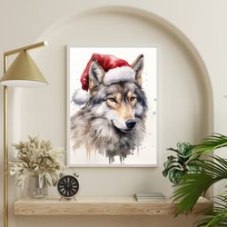 christmas prints, fox, wolf, bear, deer art prints, set of christmas art prints, watercolor, santa claus hat, animals wi