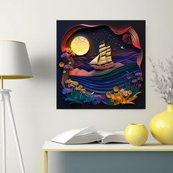 quilling art printable paper cut boat floating on the waves paper cut ship qquilling art paper cut art digital art print