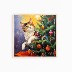 Christmas cat, cat in a Christmas tree, funny, cute, art print, painting, wall art, wall decor, home, gift, Christmas or