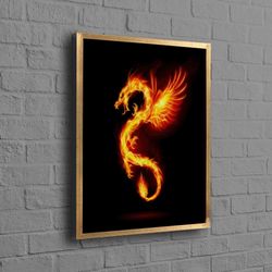 animal poster, dragon artwork, fire wall art, dragon silhouette art canvas, fire dragon artwork, chinese fire dragon wal