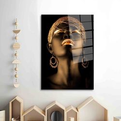 african woman glass wall art, african gold woman glass wall art, gold woman wall art, abstract glass art, trendy glass w
