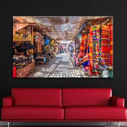 canvas, wall art canvas, wall decor, old medina marrakech, bazaar artwork, view canvas art, cityscape art, city landscap