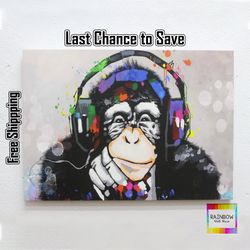 banksy thinking monkey, colorful monkey canvas, music lover monkey art, banksy wall art, dj monkey wall art, graffiti ar