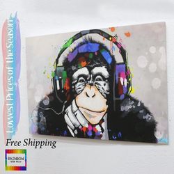 colorful monkey canvas, headphone monkey art, music lover monkey art, dj monkey canvas, abstract monkey art, graffiti ar