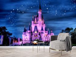 cinderella castle, night landscape mural, starry sky wall paper, children wall paper, disneyland wall art, kids wall pri