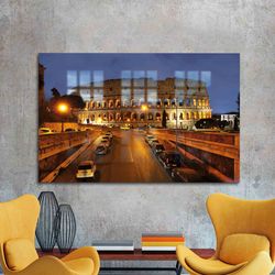 glass wall art, wall decor, wall art, rome colosseum wall art, night glass decor, travel glass decor, cityscape wall dec