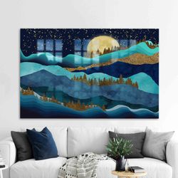 glass wall decor, glass wall art, mural art, gold forest landscape, mountain glass wall art, moon wall decoration, sky g