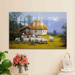 wall decor, glass printing, wall art, village landscape, animal landscape glass wall art, village glass printing,