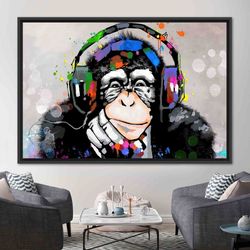 thinking monkey wall art, dj monkey art, music lover monkey canvas art, abstract monkey wall decor, trendy monkey artwor