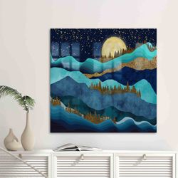 wall decor, glass printing, glass wall art, gold forest landscape, full moon landscape glass wall, moon glass art, luxur