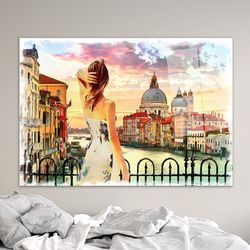 canvas glass art,girl glass decor,glass custom for art,italy landscape glass,mural art,venice landscape wall art,